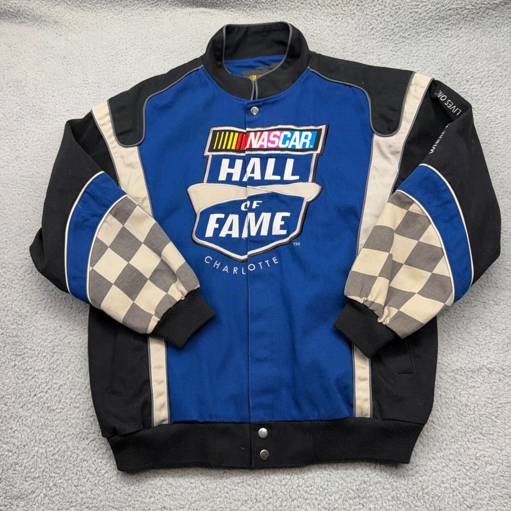 NASCAR Hall of Fame Mens Large Blue/Black Checkered Sleeves Twill Racing Jacket